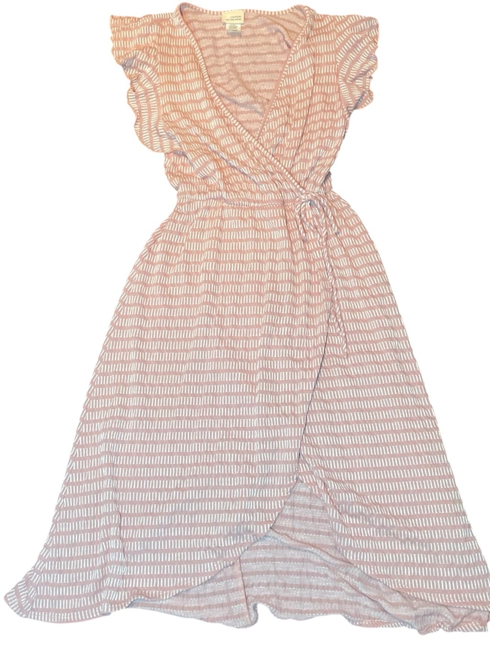 Caution to the Wind Wrap Midi Dress Beige Pink Ruffle Sleeve Tie Waist Size S